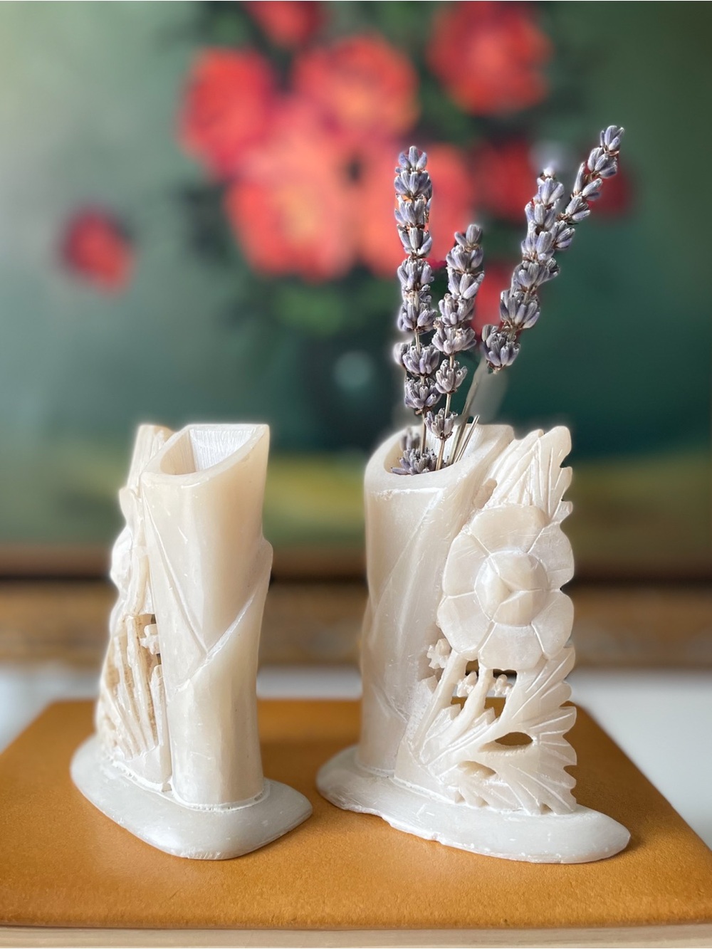 Vintage Chinese Hand-Carved White Soapstone Bud Vases - Mirrored Pair - Picture 2 of 16